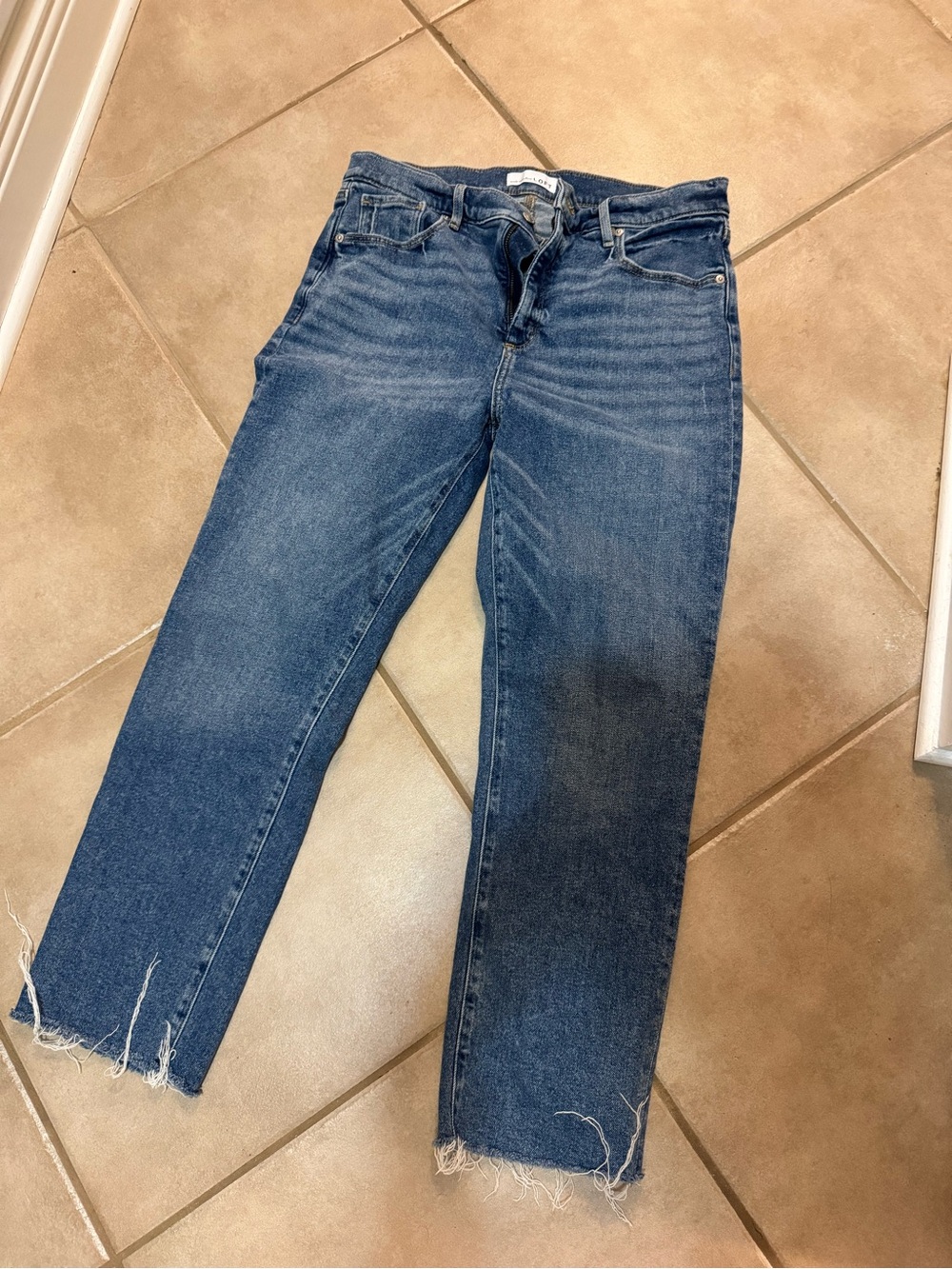 LOFT Distressed Hem Straight Leg Jeans in Medium Blue